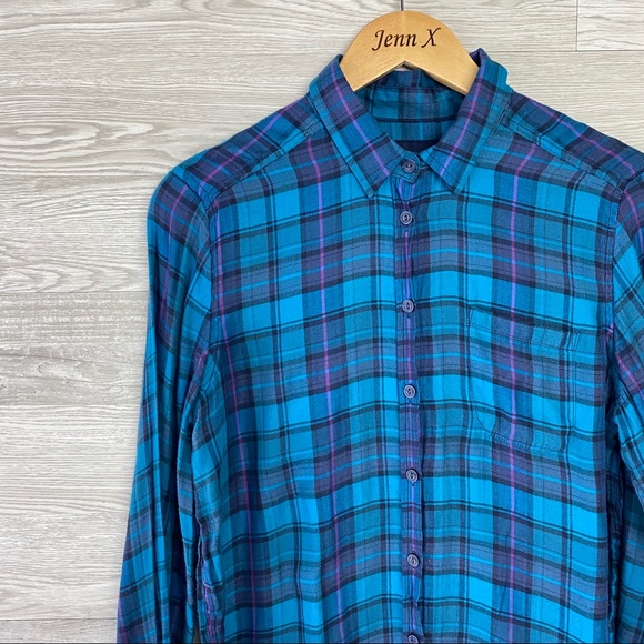 American Eagle Blue Plaid Button Down Blouse - Picture 2 of 6